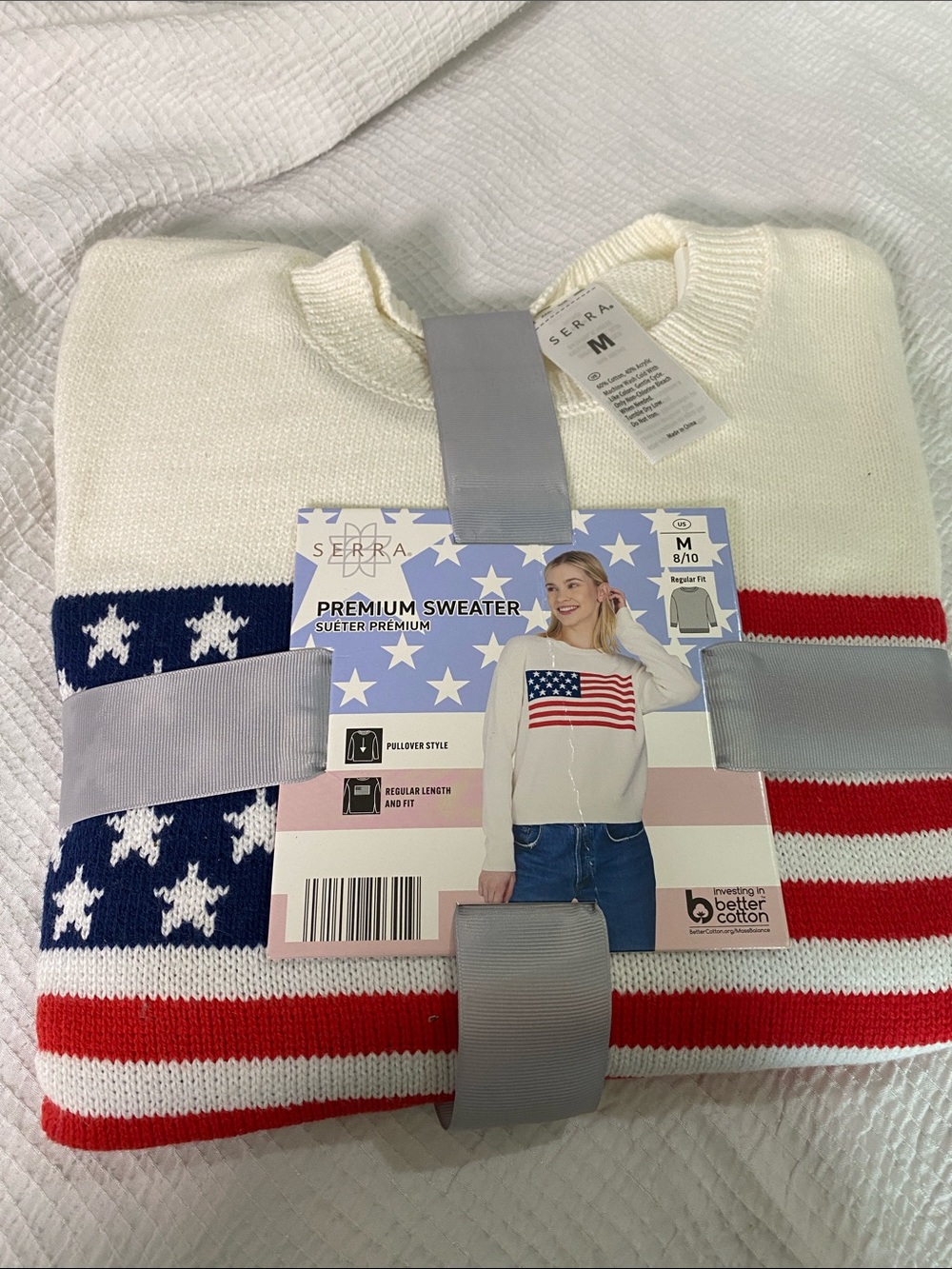 Serra Cream Crewneck Sweater with Red & Blue Flag Stripes